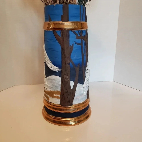 Large Vintage 90s Pottery Stein With Flying  Snow Owls and Tree Branch Handle. - Picture 4 of 9